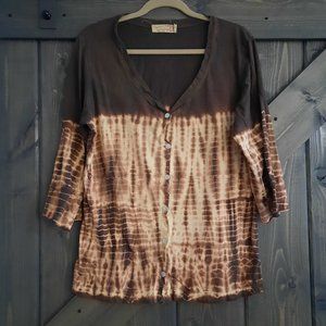 Organic beach cotton brown tie-dye button down tunic shirt XL